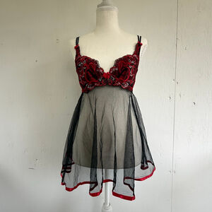 Shirley of Hollywood Red Lace & Black Mesh Babydoll Chemise Small